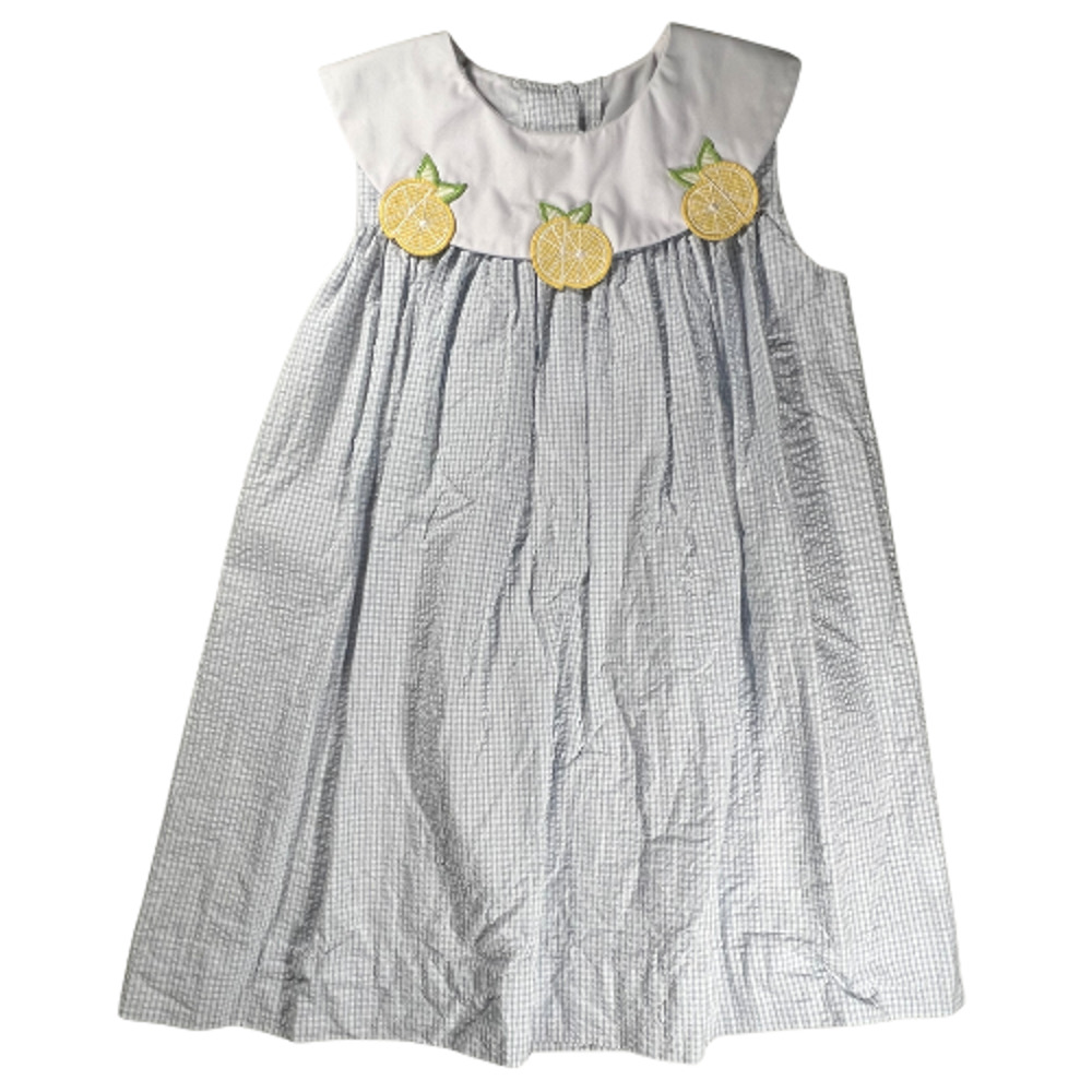 Little English Girls’ Size 6 Blue Seersucker Windowpane Lemon Appliqué Dress